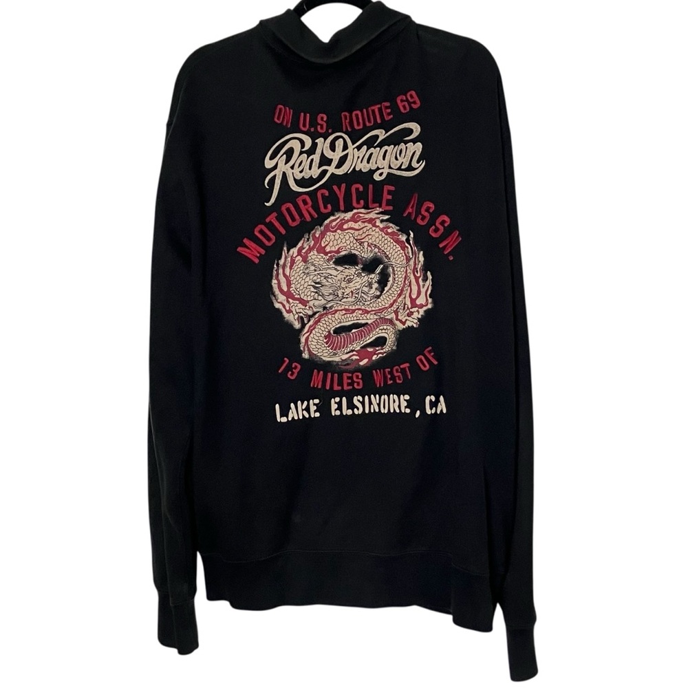 Vintage Rare Lucky Brand Jacket Zip Front Black‎ with Red Dragon Motorcycle XL